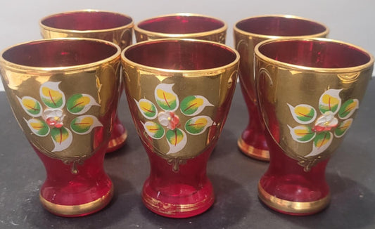6 Venetian Murano Tre Fuochi red Gold Cordial Shot Glasses aperitif Boho Vintage