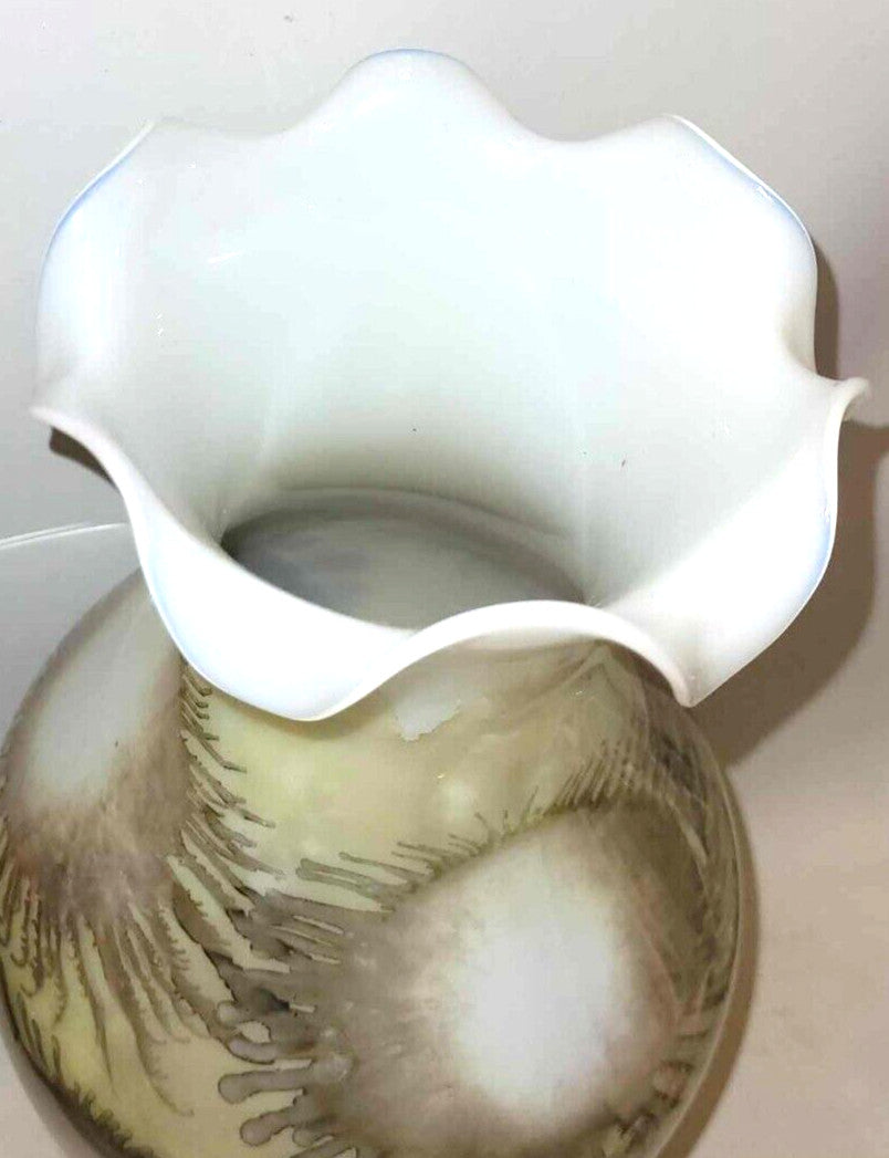 large Opaline Milk Glass Vase Ruffled Crimped Wavy Rim yellow splash decoration