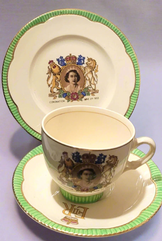 Clarice Cliff Coronation Cup, Saucer , plate trio 1953 Queen Elizabeth II Green