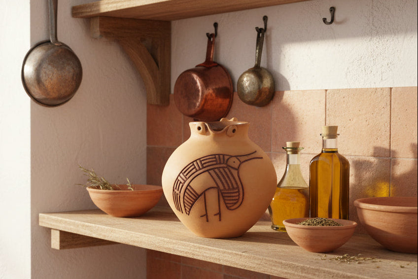 terracotta Studio Pottery Decorative Jug abstract bird  Makers Mark 1ltr