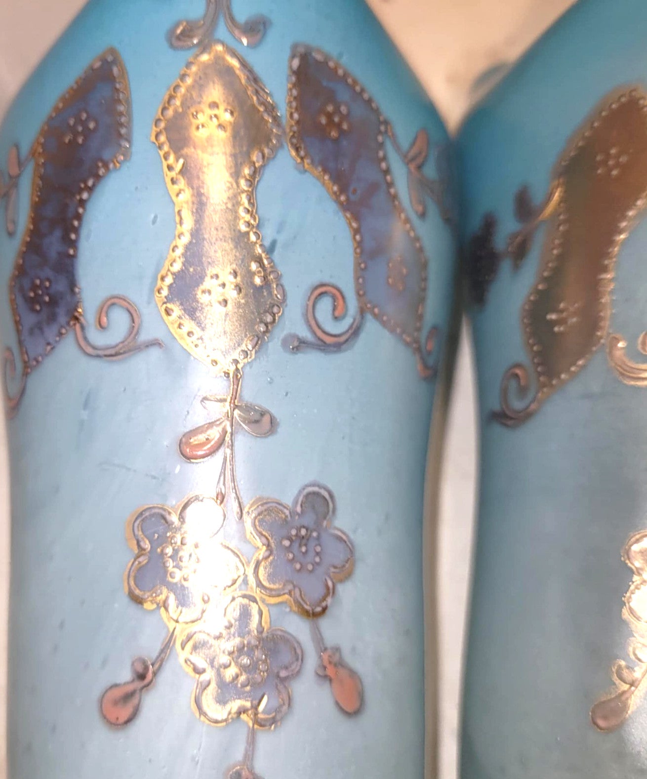 Antique Bohemian Turquoise Satin Glass Gilt Enamel Vases Pair c1900