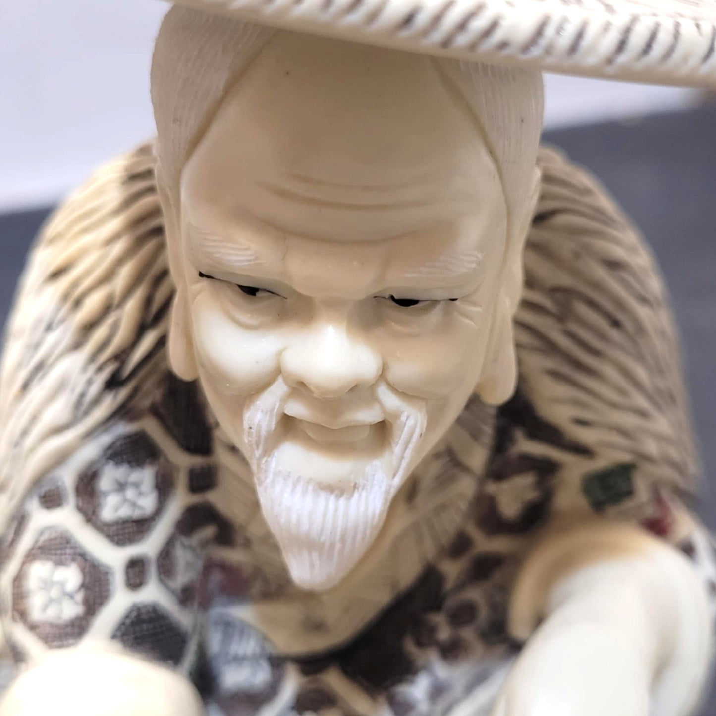 signed Japanese Faux Ivory Resin Stone figurine  very detailed Fisherman Okimono 5"