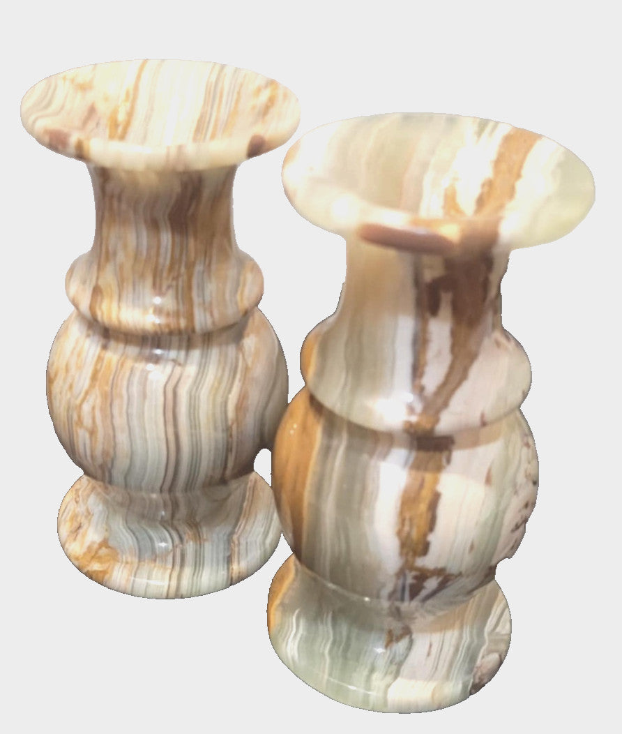 2x  Marble Onyx bud Vases taper candle holders Stone carved 4" retro