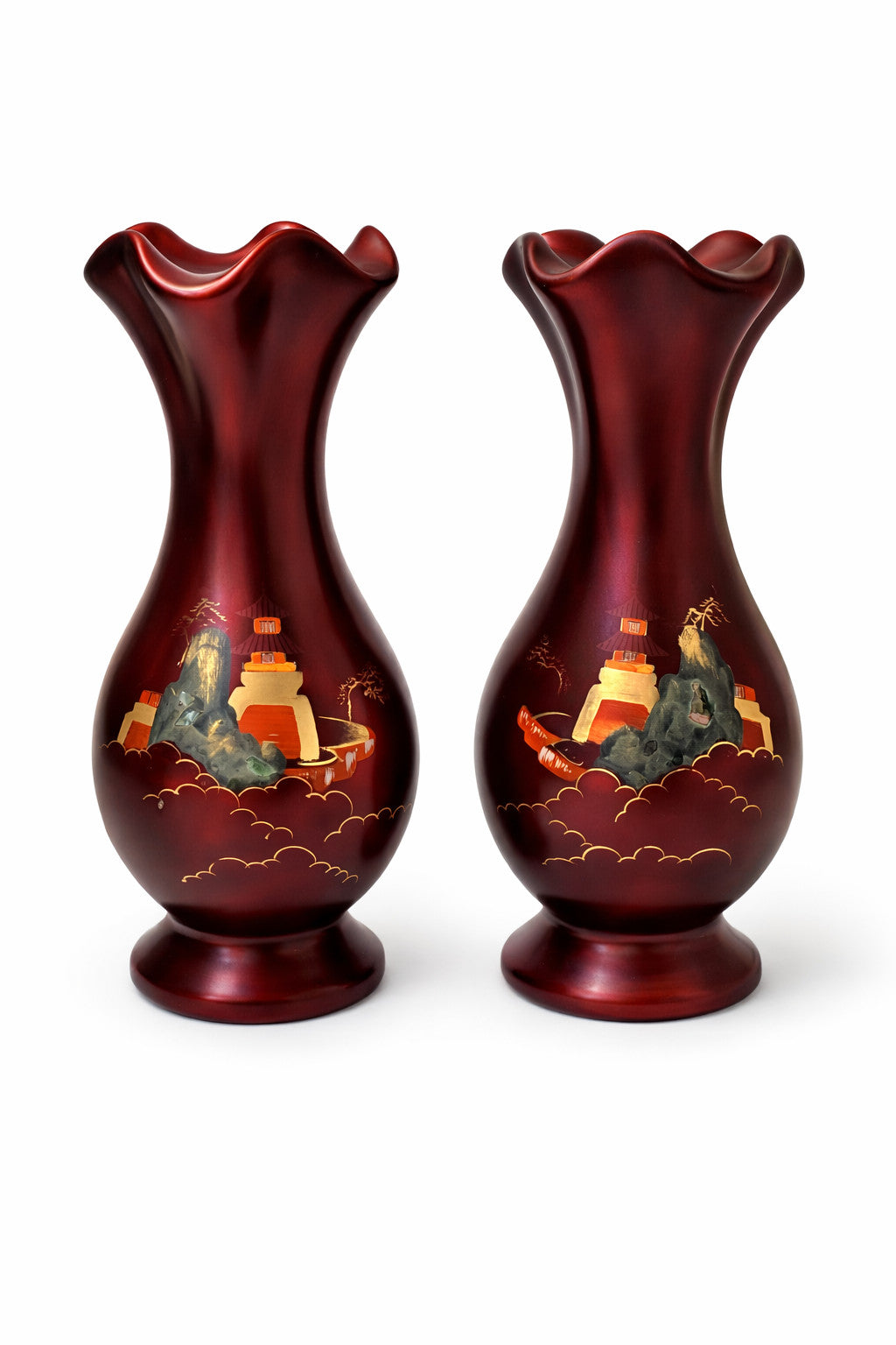 Pair Vintage Japanese Satin Glass Vases Red Hand Painted Pagoda Abalone Inlay 9”