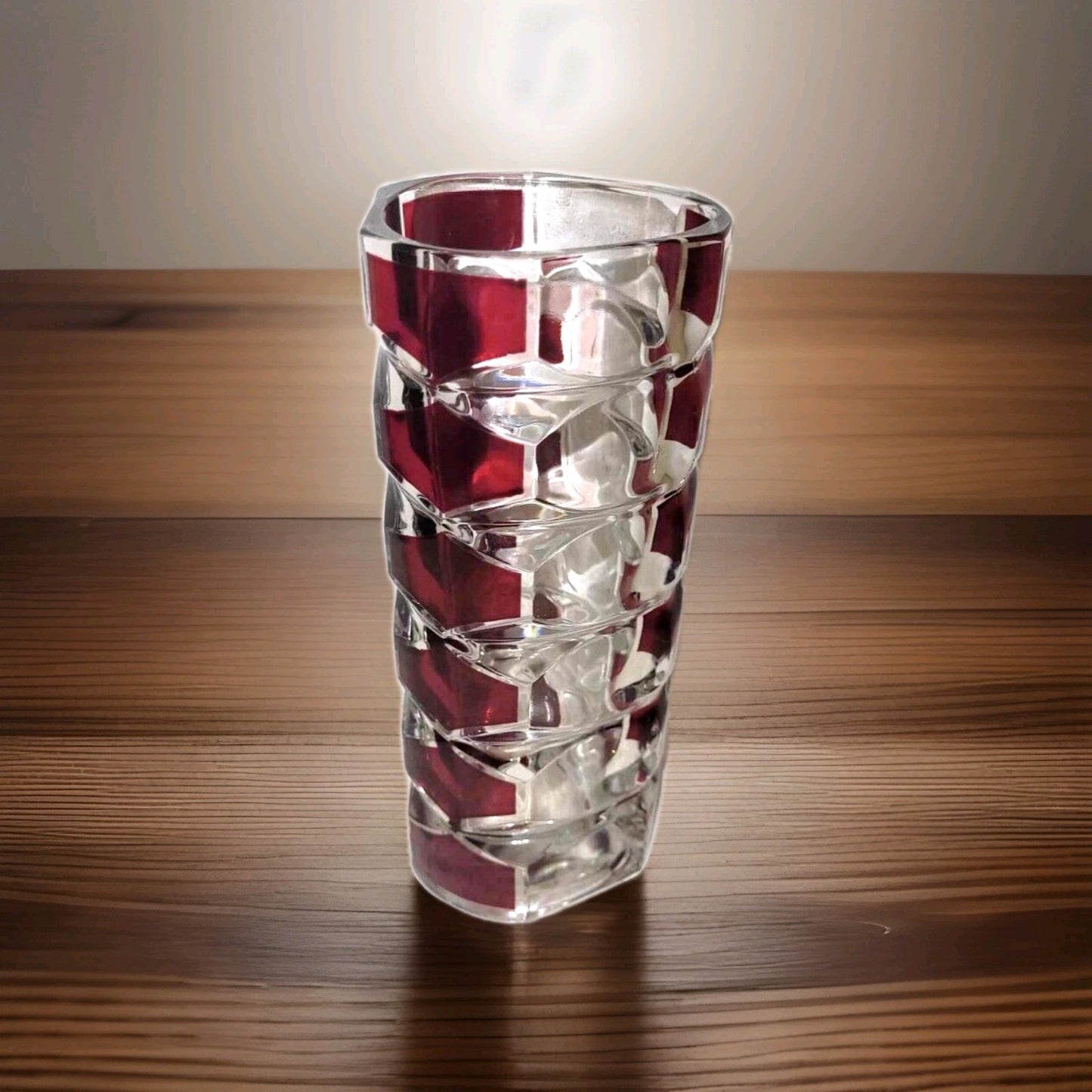 Vintage Retro French Red And Clear geometric block Glass vase 7"