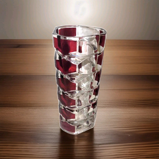 Vintage Retro French Red And Clear geometric block Glass vase 7"