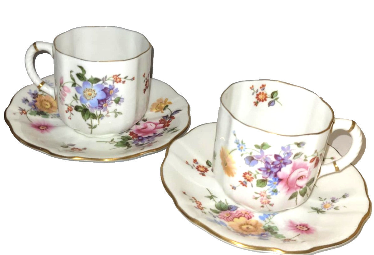 2x Royal Crown Derby Posies Coffee Cups and Saucers green backstamp