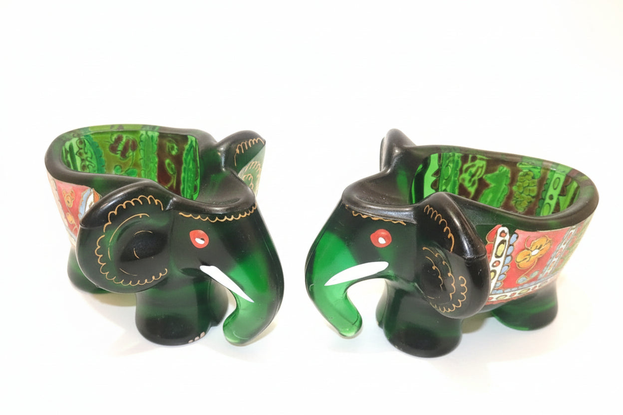 2x Royo Green art Glass Spanish Painted Elephant Bowls Pipe Holders Mid Century