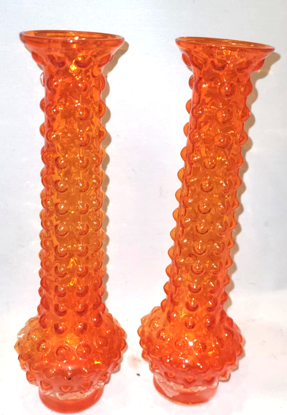 pair of Vintage Japanese Tajima Textured Hobnail art Glass Vases Tangerine