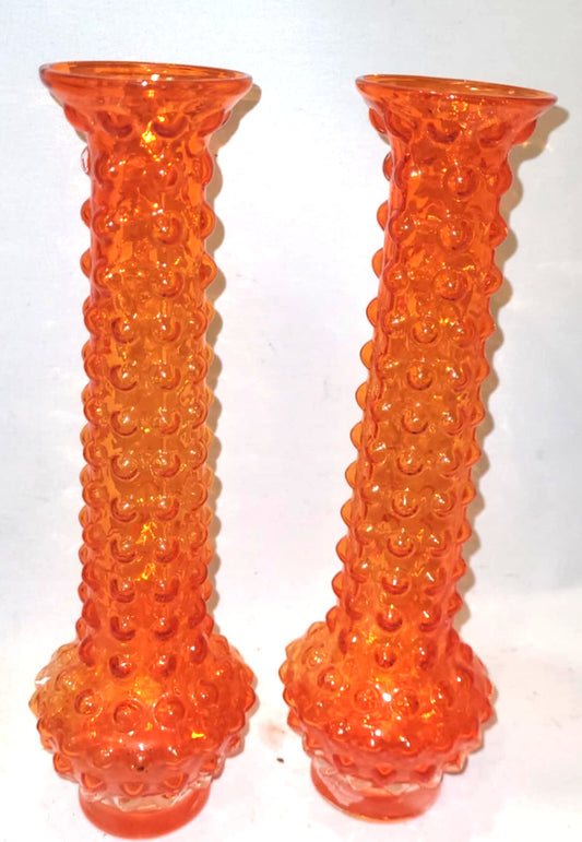 pair of Vintage Japanese Tajima Textured Hobnail art Glass Vases Tangerine