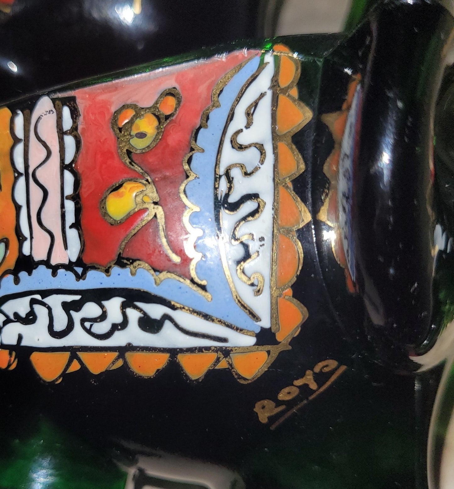 2x Royo Green art Glass Spanish Painted Elephant Bowls Pipe Holders Mid Century