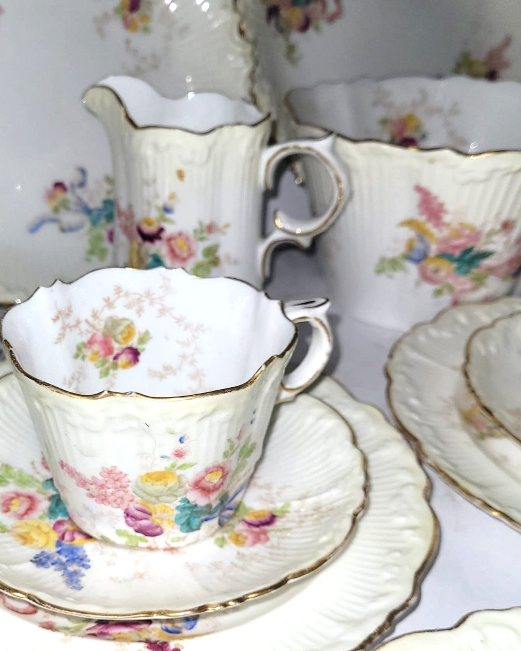 Antique ford Pointon Bone China Tea Set for 8, roses & Gilt, 1880-1895 England