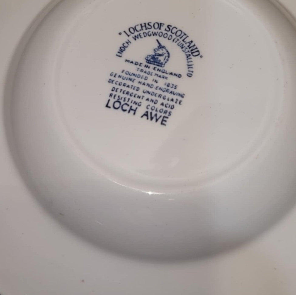 Vintage wedgwood Lochs of Scotland Loch Awe 8" rimmed bowl base with blue printed markings.