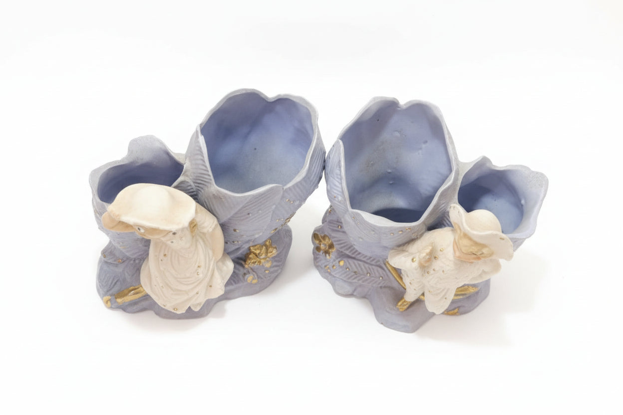 Antique German Bisque Spill Vases Pair of Figural Boy  Girl Art Nouveau Hertwig?