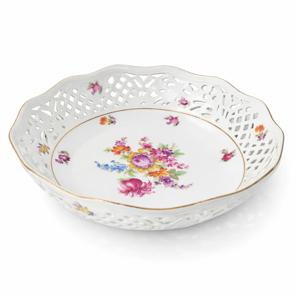 vintage pretty German porcelain lattice fruit bowl pot pourri floral 8"