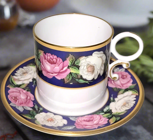 Royal Worcester Chamberlain Roses Blue Coffee Cup and Saucer demi tasse