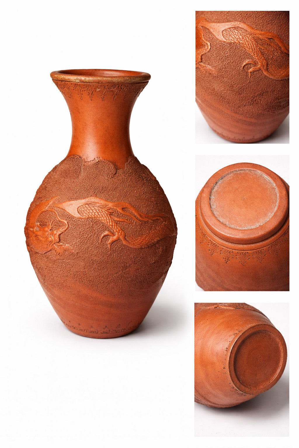 Japanese Tokoname Pottery Vase Dragon Relief 8" Red Clay Showa Era