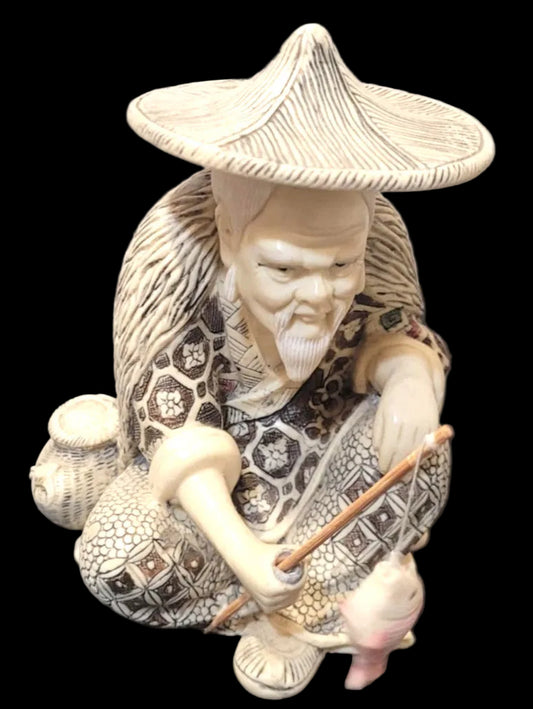 signed Japanese Faux Ivory Resin Stone figurine  very detailed Fisherman Okimono 5"