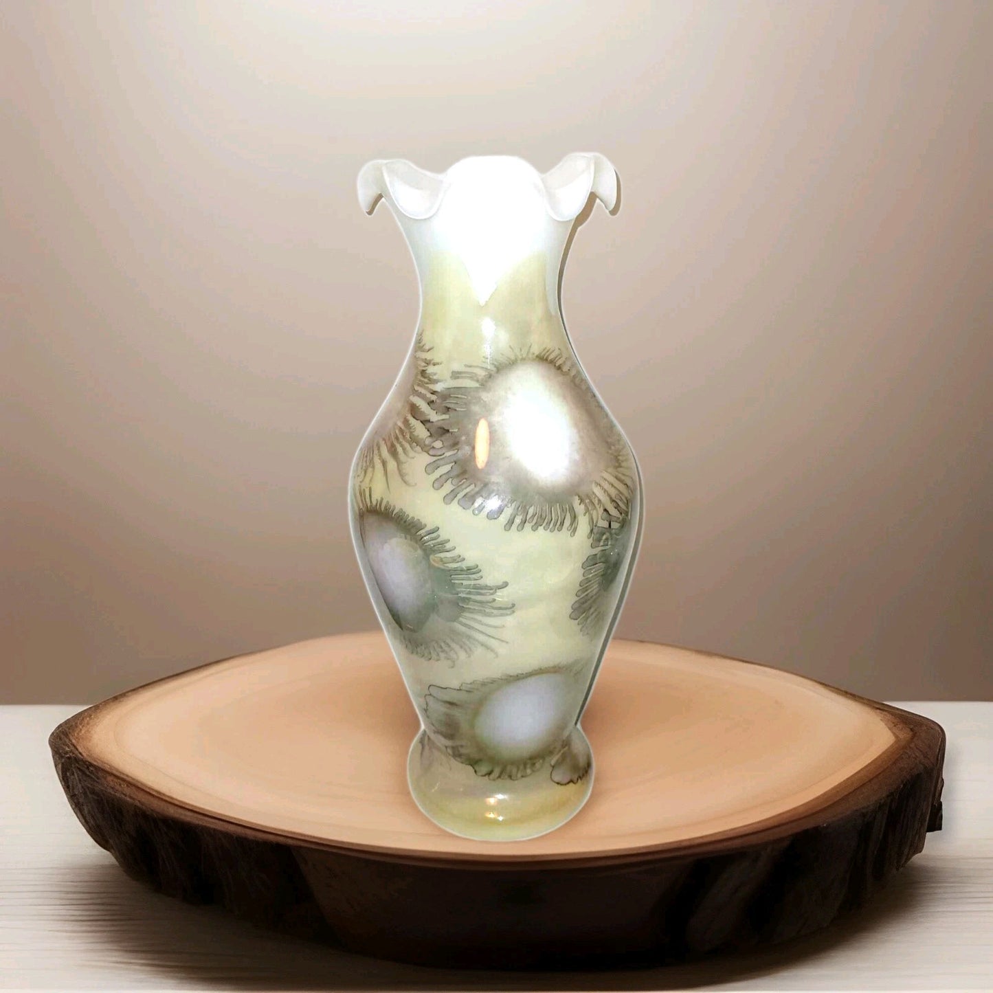 large Opaline Milk Glass Vase Ruffled Crimped Wavy Rim yellow splash decoration