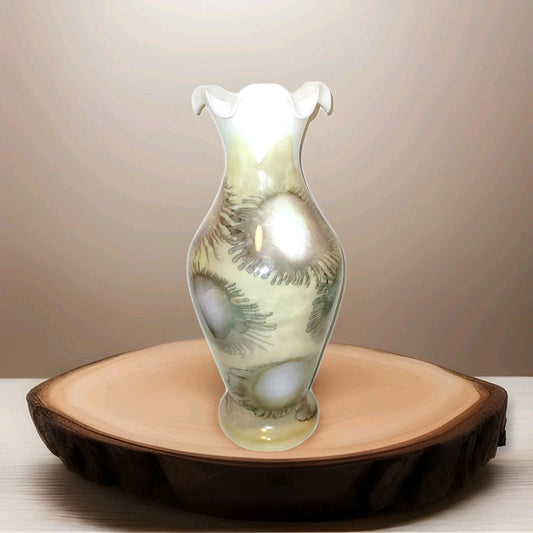 large Opaline Milk Glass Vase Ruffled Crimped Wavy Rim yellow splash decoration