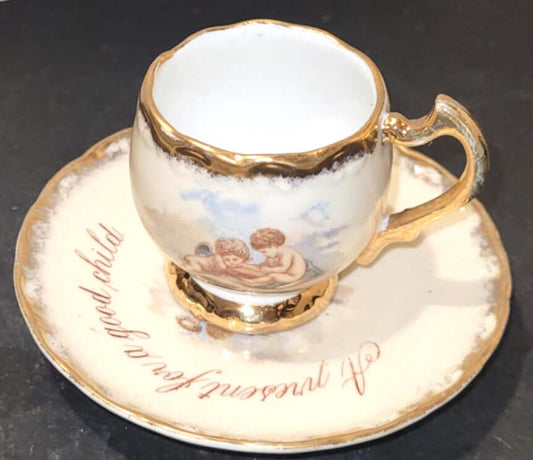 antique german Porcelain small Cup & Saucer - A Present For A Good Child