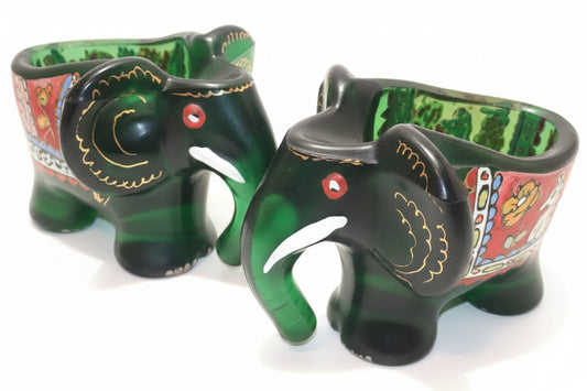 2x Royo Green art Glass Spanish Painted Elephant Bowls Pipe Holders Mid Century