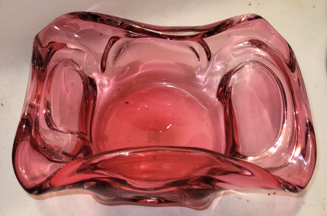 Murano Art Glass Red Cranberry freeform Bowl Sommerso 1960s etched no 46