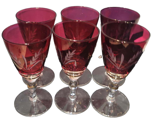 6x Vintage Cranberry Ruby Red Etched sherry liqueur Glasses With gold Trim