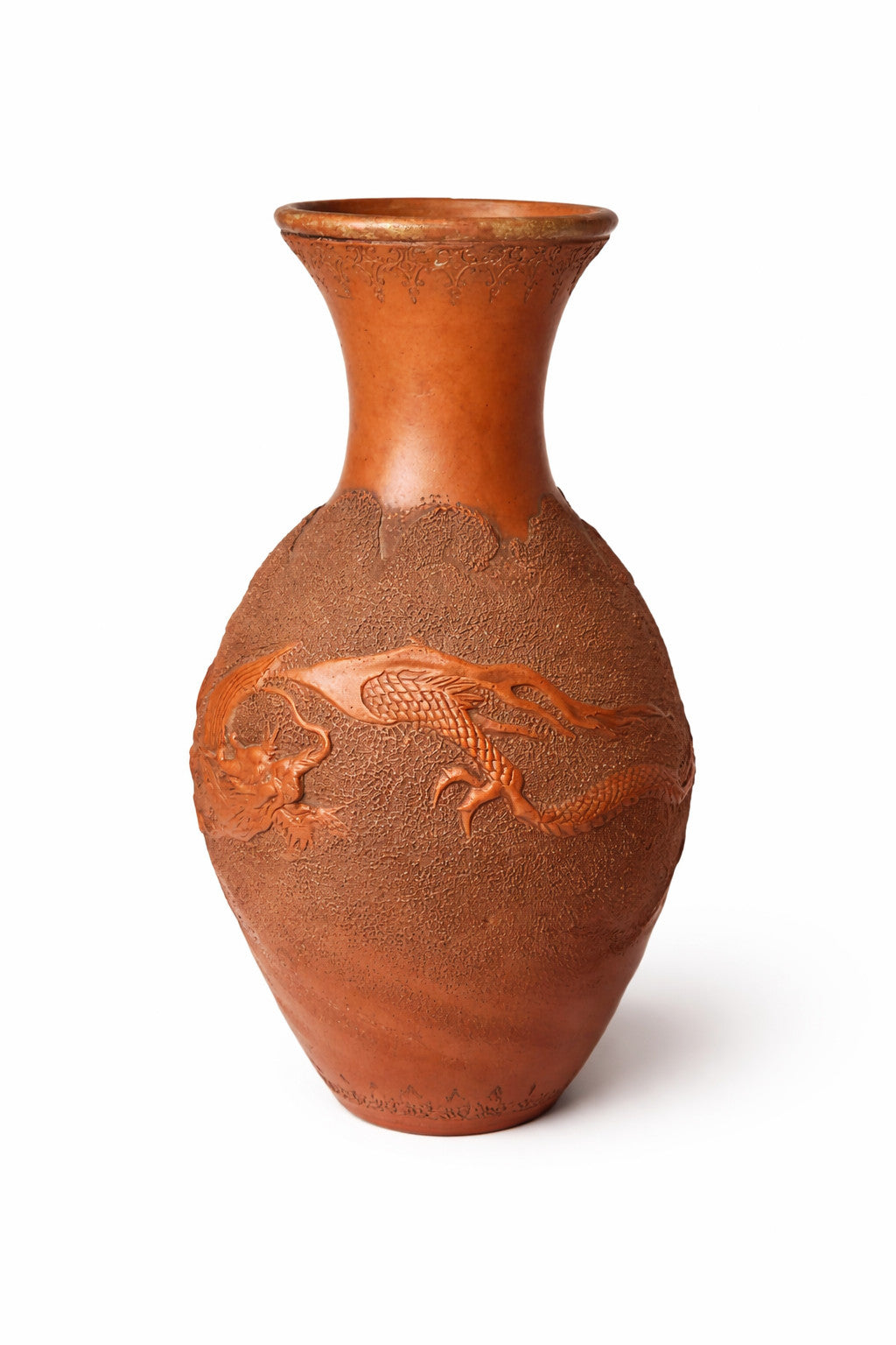 Japanese Tokoname Pottery Vase Dragon Relief 8" Red Clay Showa Era