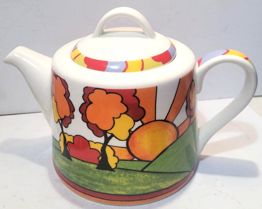 Queens Churchill Sunburst Teapot Clarice Cliff Inspired China 1.5 Pints art deco