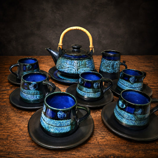 Vintage Newlyn Celtic Pottery Medallion Tea Set Vivid Blue Cornwall 15 piece