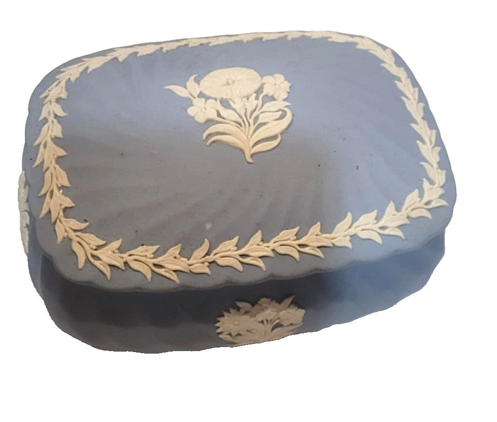 Wedgwood Jasperware blue rectangular trinket lidded box 6" floral