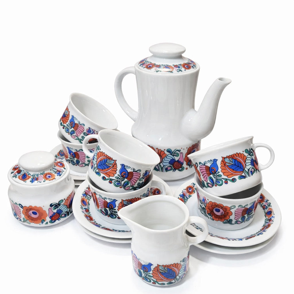Wawel Łowicz Polish porcelain coffee set folk bird pattern vintage 1970s bright