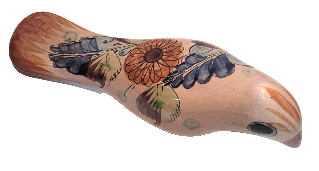 Tonala Mexican studio Pottery Hand Painted Bird Figurine signed 7"