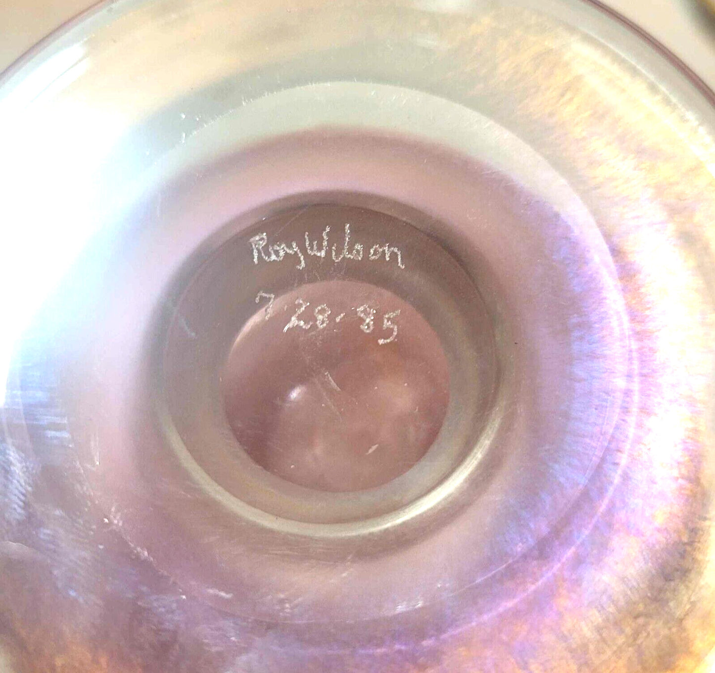 1985 Roy Wilson USA Iridized Blown pink art Glass Vase 8"