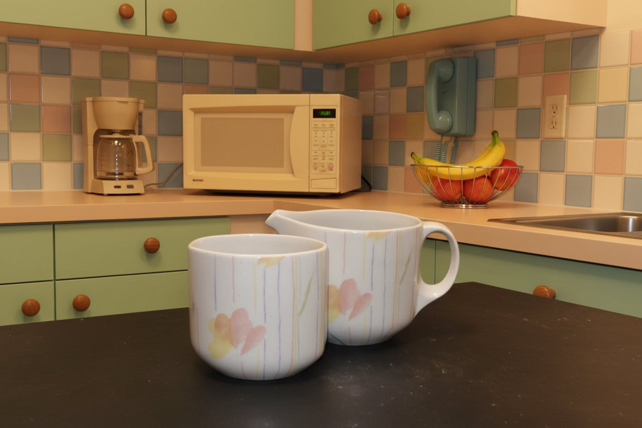 Midwinter Style shape Calypso creamer milk jug and sugar bowl floral pastel