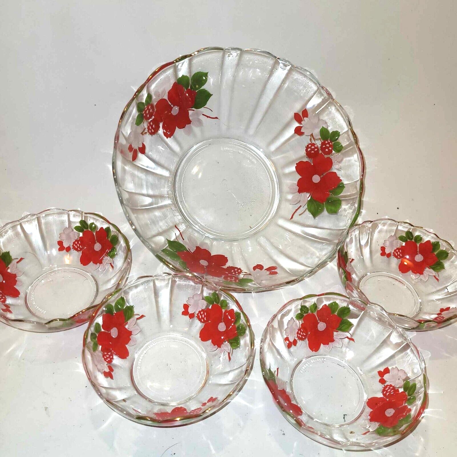 Vintage French Glass large Fruit Bowl and bowls set strawberry hand painted with floral design.