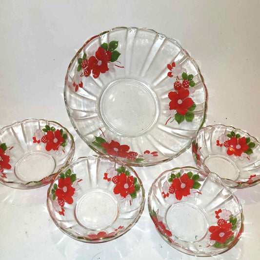 Vintage French Glass large Fruit Bowl and bowls set strawberry hand painted with floral design.