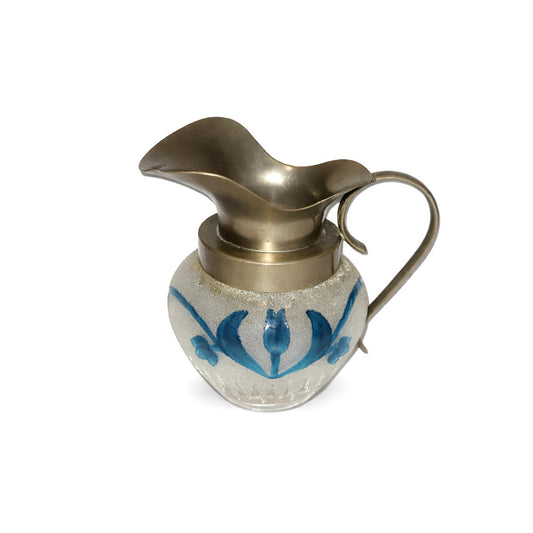 Vintage Mould Blown Art Glass Cruet Jug creamer Blue tulip Floral Frosted Glass