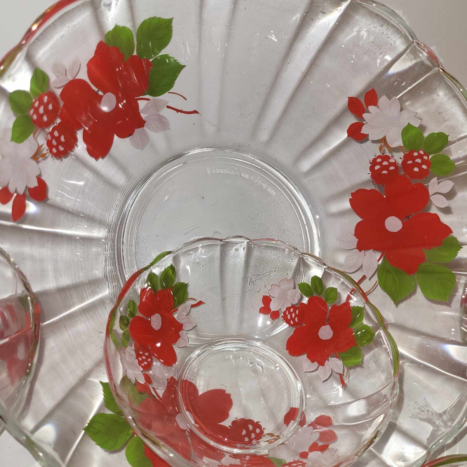 Vintage French Glass large Fruit Bowl and bowls set strawberry hand painted with floral design.