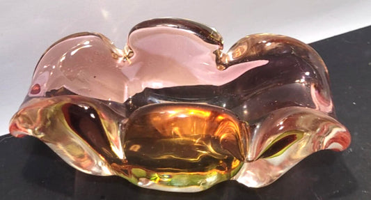 VINTAGE CHRIBSKA art glass rolled edge bowl pink yellow 8"