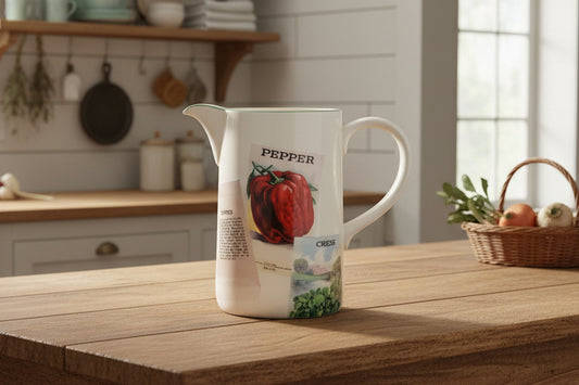 Vintage Poole Pottery Seed Packet Design large water Jug 7.25" H pepper featuring vibrant pepper illustrations.