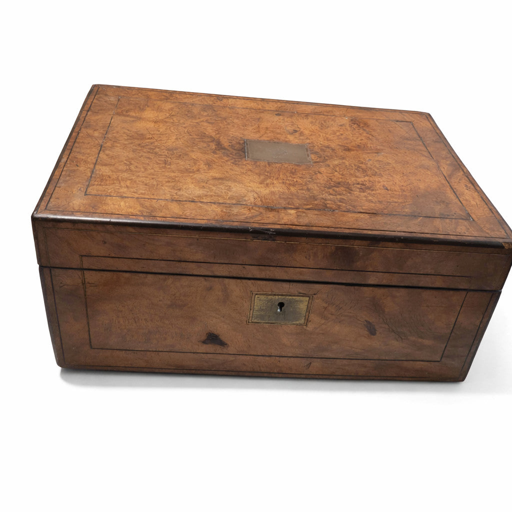 Antique Victorian Burr Walnut Writing Slope Desk Box Brass Hinges 14" & pen