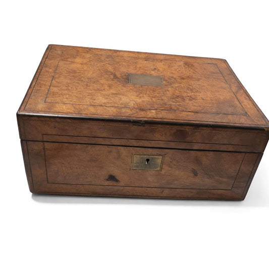 Antique Victorian Burr Walnut Writing Slope Desk Box Brass Hinges 14" & pen