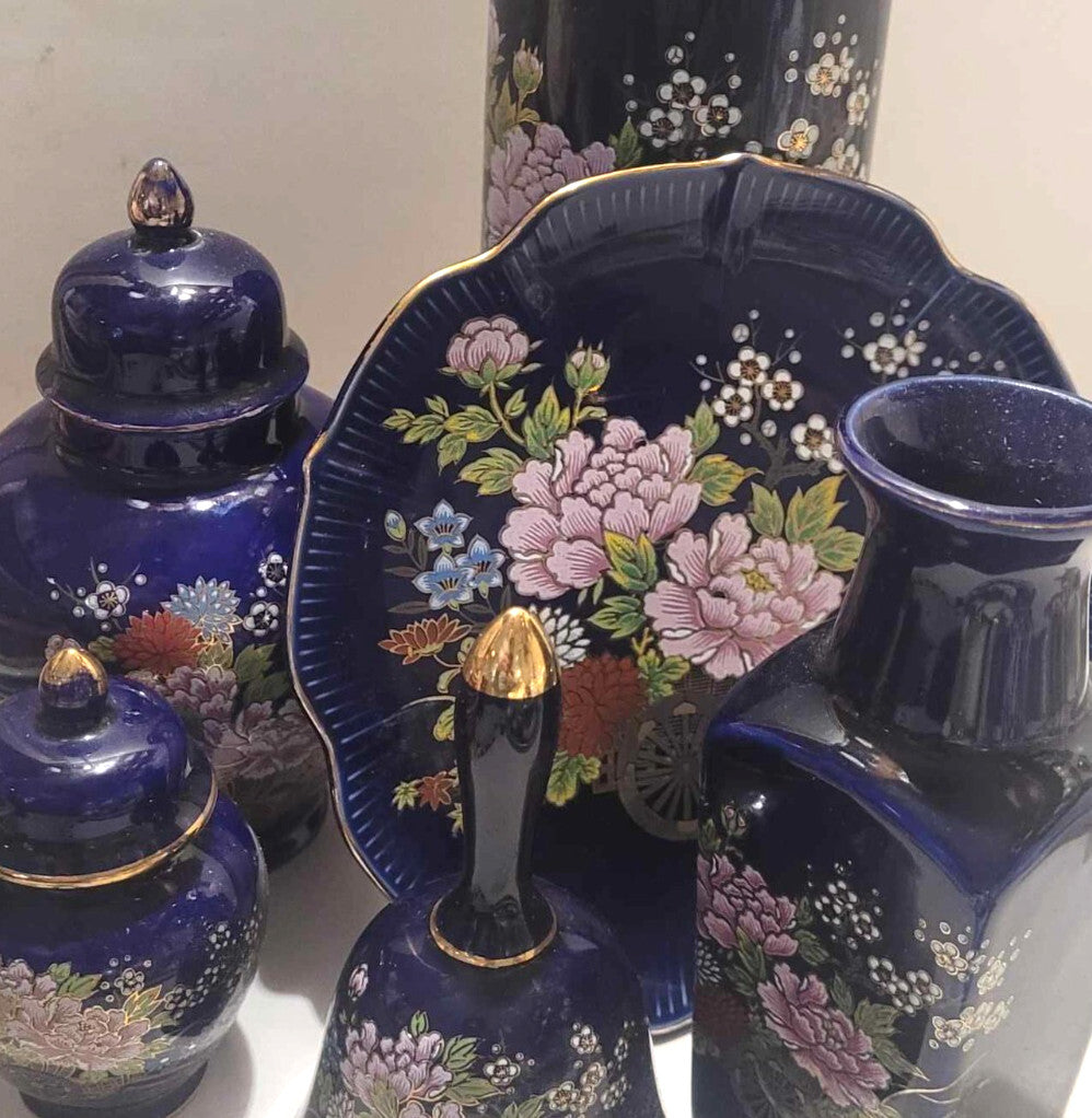 Japanese Kutani Decorative Cobalt Blue, Gold flower wagon vase jars, bell plate