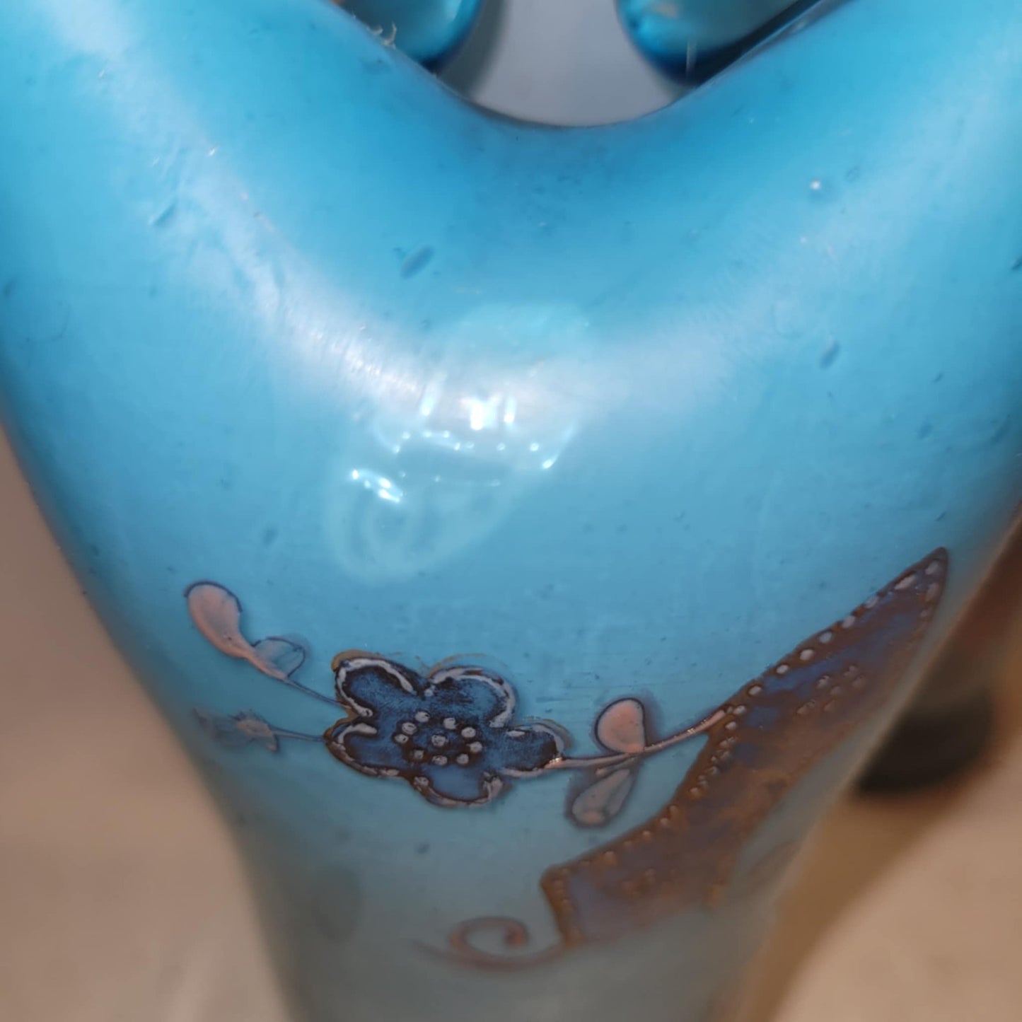 Antique Bohemian Turquoise Satin Glass Gilt Enamel Vases Pair c1900