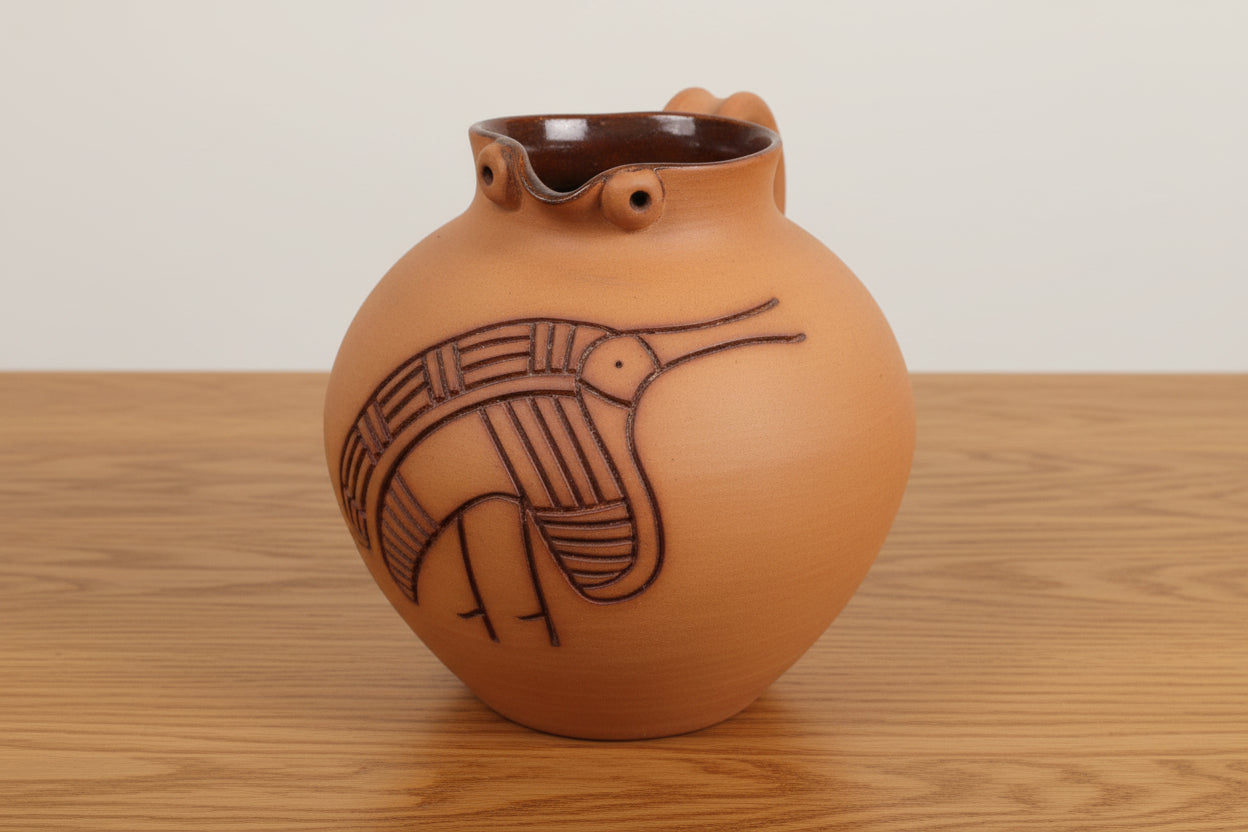 terracotta Studio Pottery Decorative Jug abstract bird  Makers Mark 1ltr