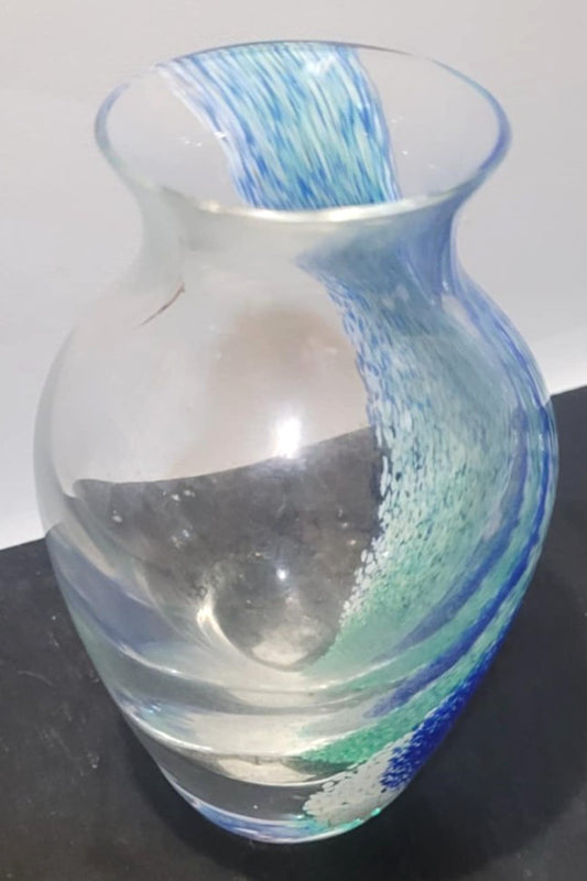Caithness glass Blue/green, Small Swirl  bud Vase 5" Scotland