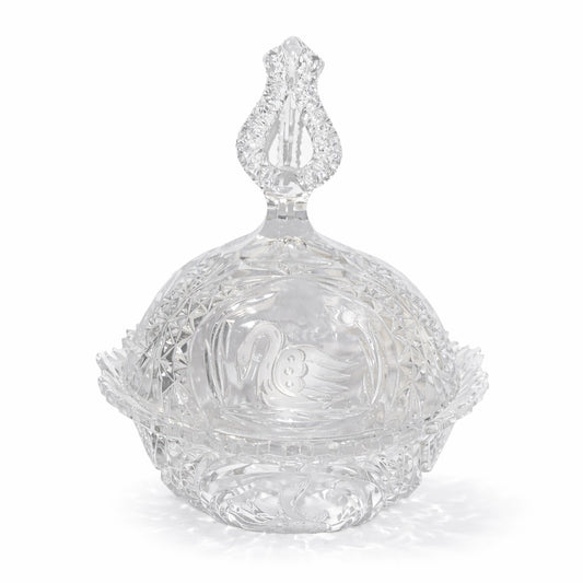 Vintage Lead Crystal Lidded Bonbon Dish with frosted Etched Swan panels 10" H