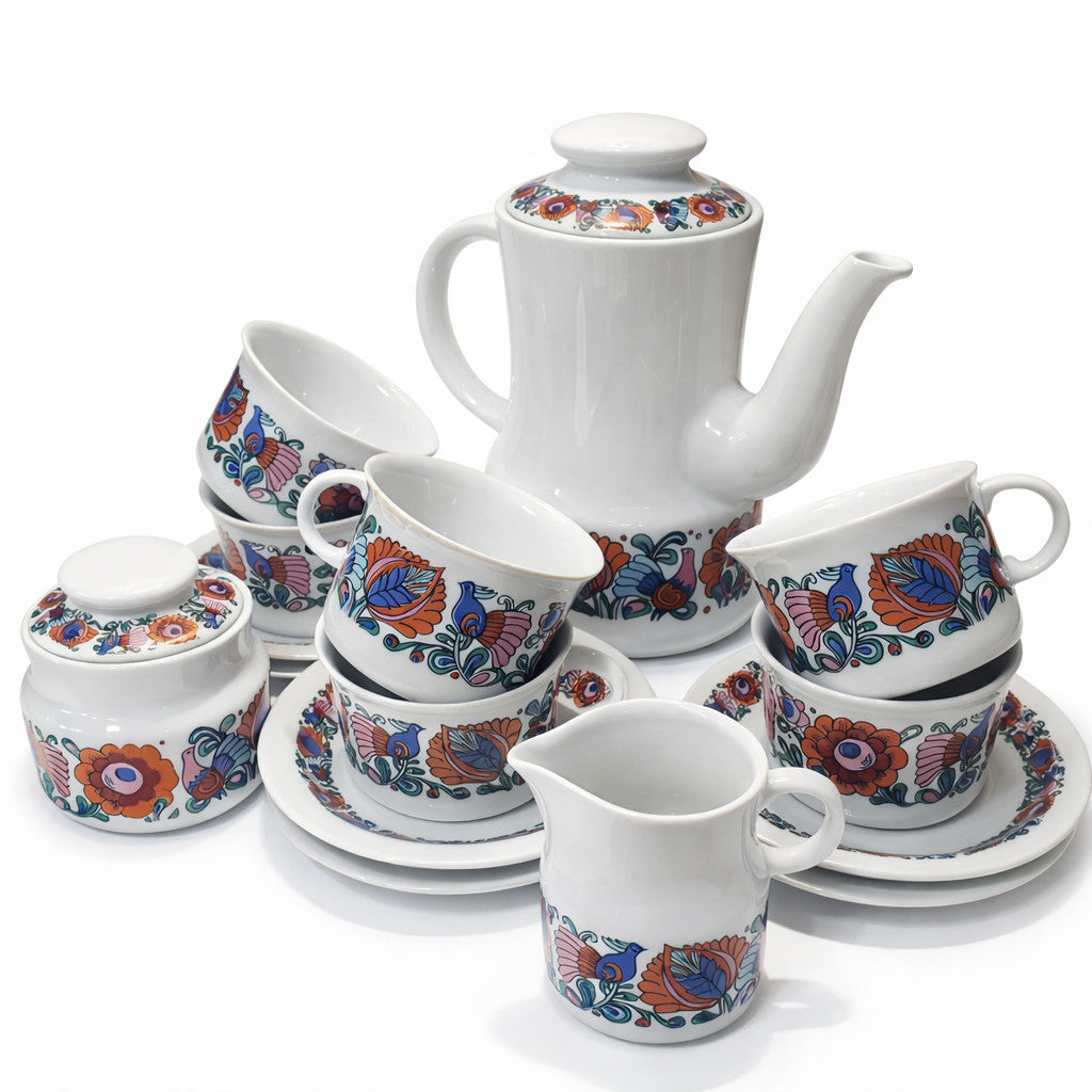 Wawel Łowicz Polish porcelain coffee set folk bird pattern vintage 1970s bright